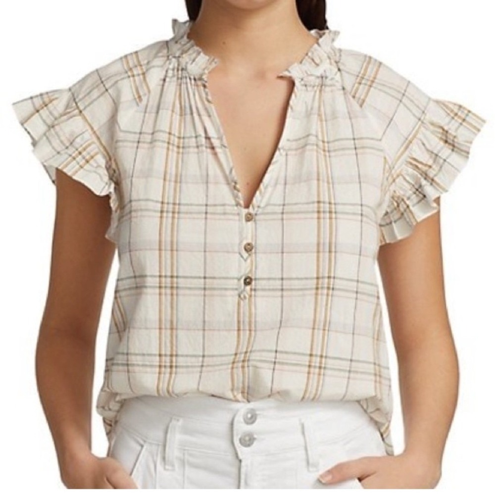 Veronica Beard Jeans Milly Plaid Seersucker Ruffle Sleeve Top Blouse Sz L